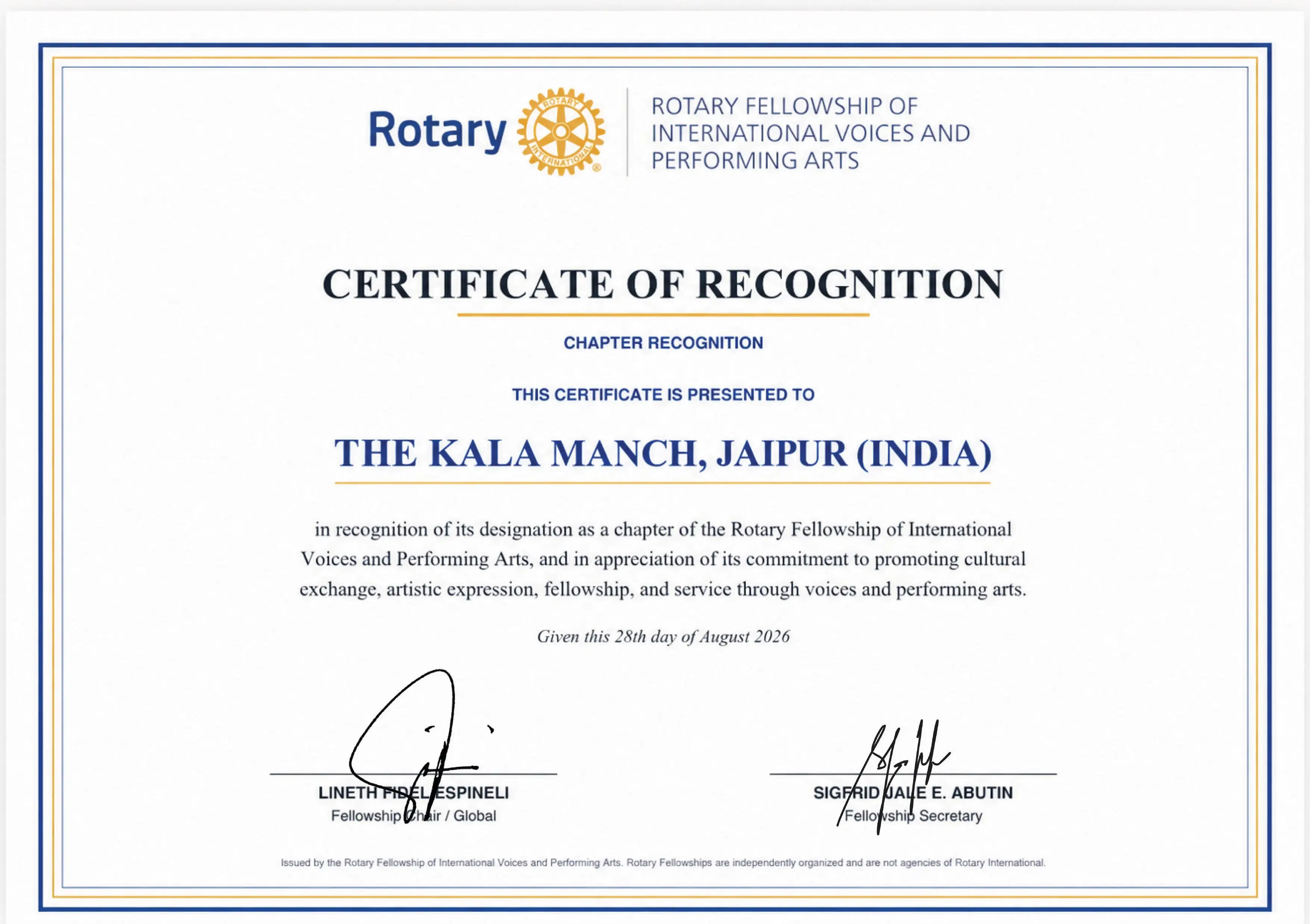 Rotary Certificate of Recognition - The Kala Manch Jaipur